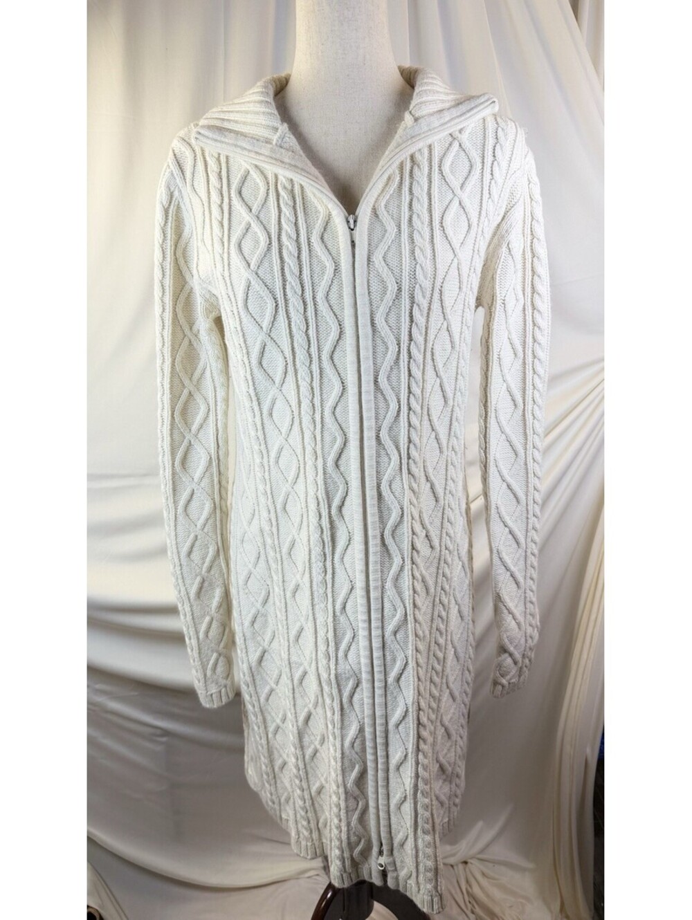 Moda International Ireland Wool Blend Cream Cable Knit Hooded FULL ZIP Long Sz L